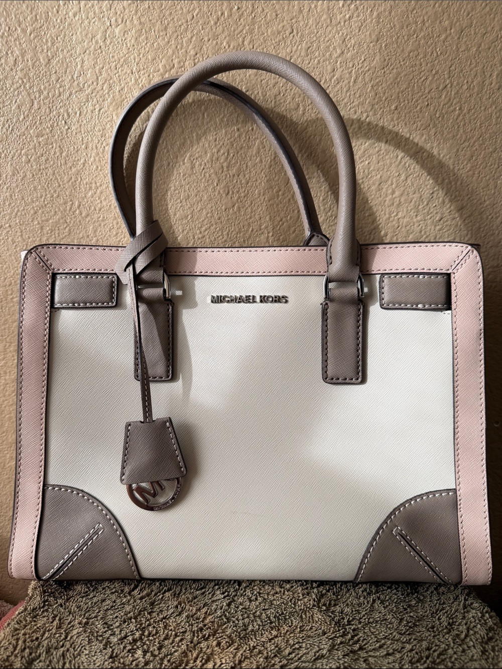 Michael Kors Cream, Taupe & Blush Saffiano Leather Satchel